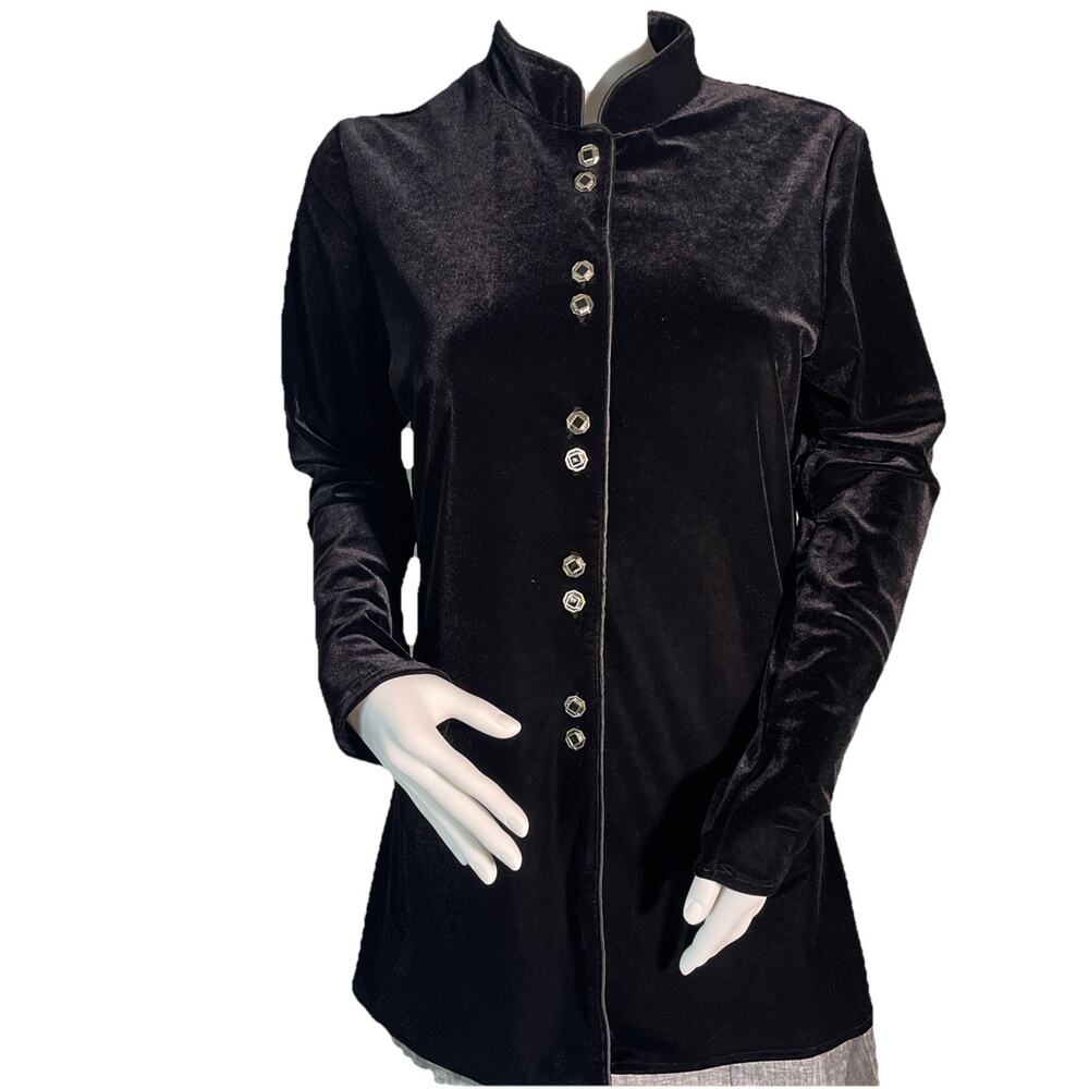 Harve Benard Black Velvet Button Front Mandarin Collar Jacket Coat Renaissance